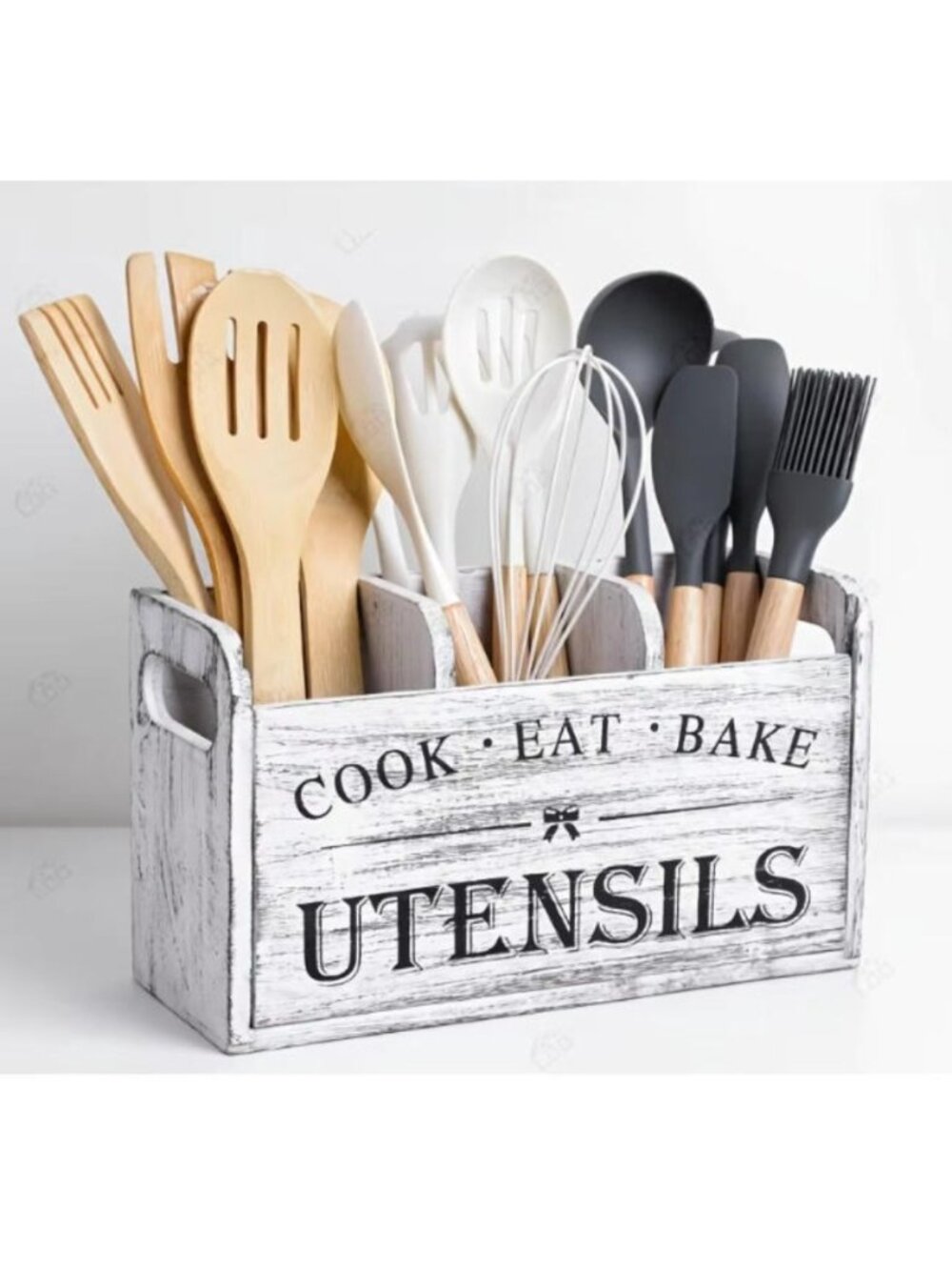 Wooden Kitchen Utensil Caddy, Spoon Fork Silverware Storage Rack